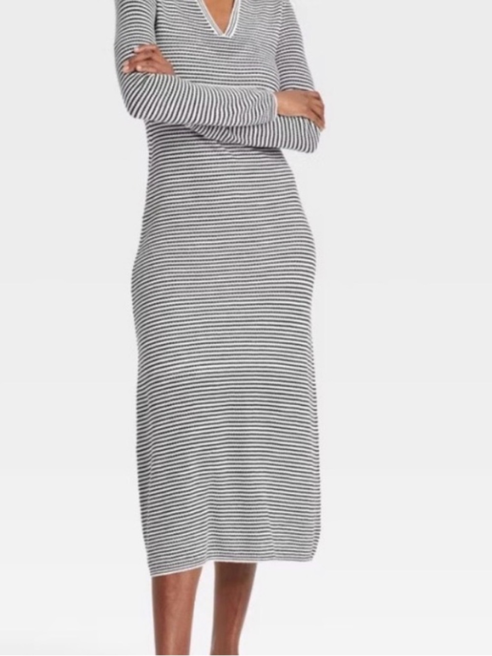 Striped V-Neck Long Sleeve Midi Dress - Black/White with slip under, size large🌺